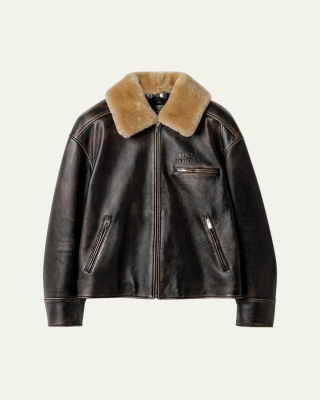 Lamb Shearling Collar Leather Jacket